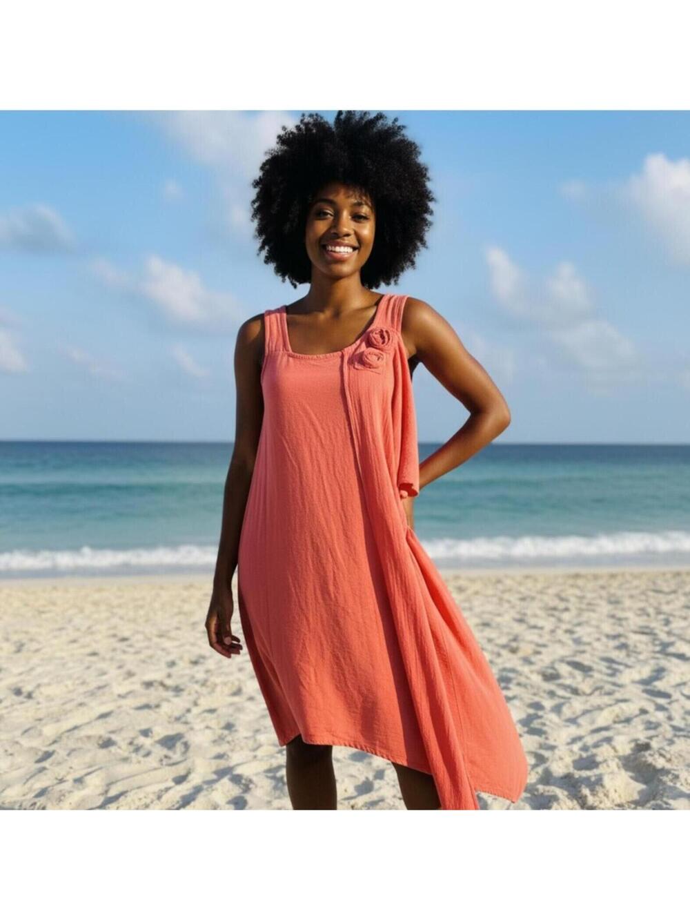 Maria De Guadalajara Coral Cotton Gauze Asymmetrical Lagenlook S Dress NWT Boho